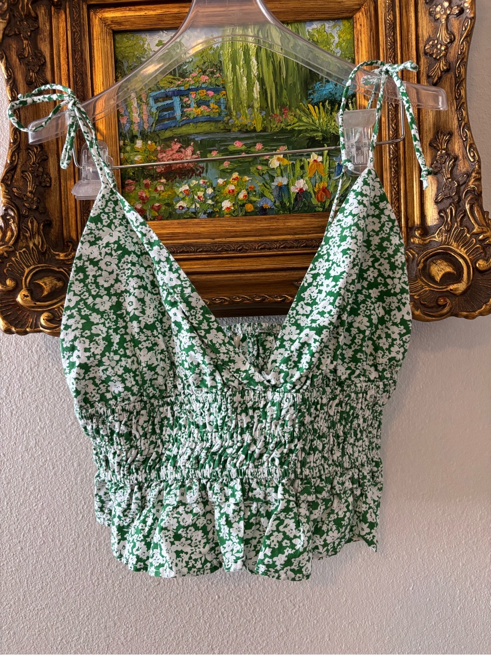 NWT Sim & Sam Green Floral Smocked Tie-Shoulder Crop Top